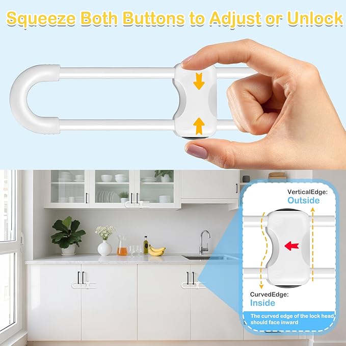 Modacraft 10 Pcs Sliding Cabinet Latches, U Shaped Cabinet Door Locks, Baby Cabinet Safety Latches for Baby Proofing, No Drilling Tool-Free Installation Easy to Use for Knobs or Handle Double Door