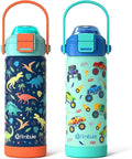 Kids Insulated Water Bottle with Pop-Open Straw & Spout 2-in-1 Lid, 18oz Leak Proof 18/8 Stainless Steel Vacuum Tumbler, BPA-Free Kids Cup For Travel School Boys Girls Toddler, Dinosaur & Monster Car