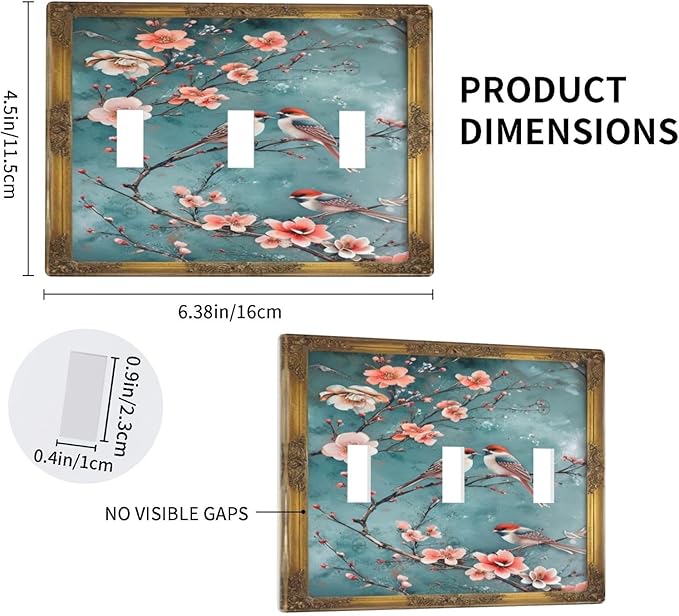 Decorative Art Light Switch Covers Birds on Branches 3 Gang Triple Toggle Wall Plate Decorative Switch plate Electrical Faceplate for Home Decor