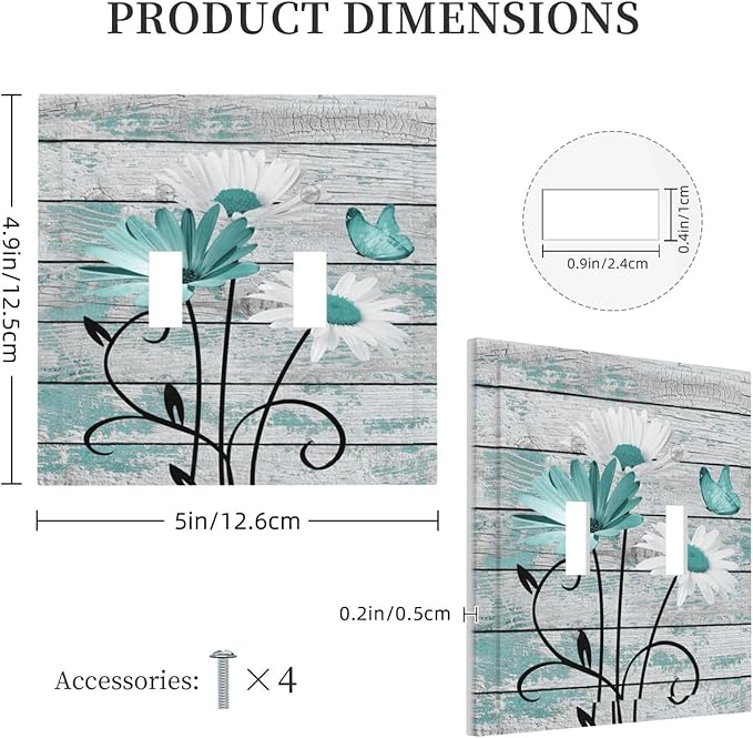 Teal White Daisy Flower Butterfly On Rustic Wood Board Decorative Switch Plates 2 Gang Double Toggle Outlet Light Switch Cover Wall Plate Electrical Faceplate for Farmhouse Bedroom Decor