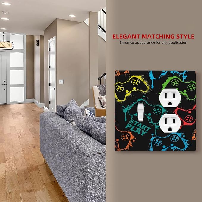 Gaming Hippie Gamer Modern Gamepad Colorful Graffiti Wallplates 1 Toggle 1 Duplex Switch Plate Electrical GFCI Faceplate Decorative Light Switch Covers for Kids Room Nursery Decor