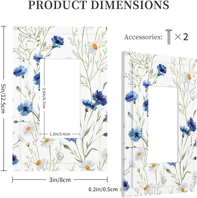 Light Switch Cover Plate Watercolor Daisy Blue Floral Vintage Plant 1 Gang Outlet Covers Single Rocker Decorative Switch plates Electrical Wall Plates GFCI Receptacle for Bedroom Home Decor