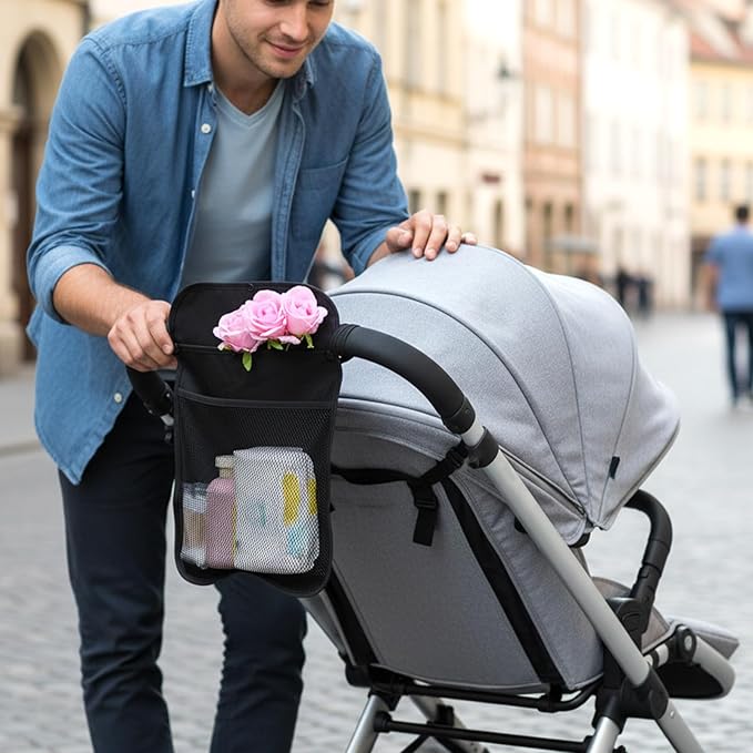 Larrel Universal Stroller Organizer, Stroller Mesh Cargo Net with Non-Slip Adjustable Strap, Diaper Caddy Organizer for Most Brands of Strollers (Black)