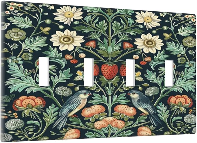 Light Switch Cover Plate Strawberry Birds Flowers Plant Morris Floral 4 Gang Quad Toggle Decorative Switch Plates Electrical Wall Plates Faceplate for Bathroom Bedroom Decor
