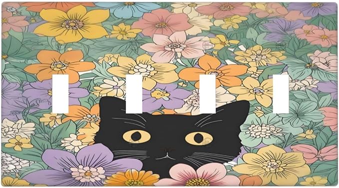 Light Switch Covers Funny Cute Cartoon Cat Floral Colorful Flower Quad Toggle Electrical Faceplate 4 Gang Wall Plate Decorative Switch Plates For Kids Room Nursery Decor