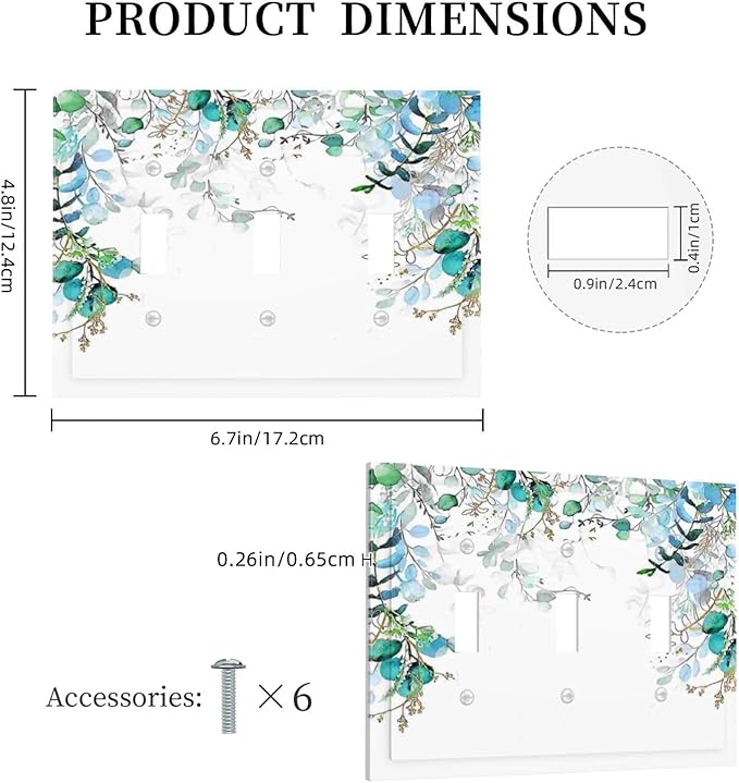 Decorative Light Switch Plate Covers Bohemian Green Eucalyptus Leaf Pine Leaves 3 Gang Wall Plate Switch Cover Plate Triple Toggle Jumbo Electrical Faceplate for Bedroom Home Decor