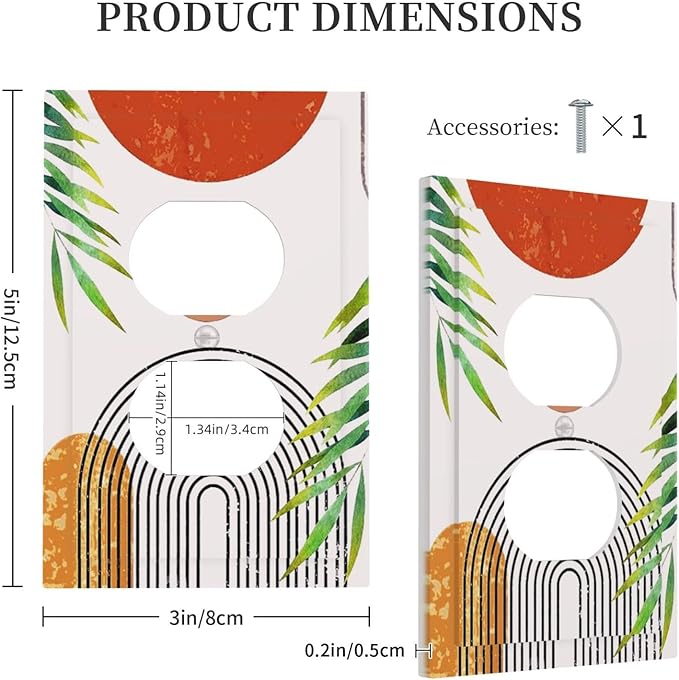 Orange Abstract Boho Modern Mid Century 1 Gang Duplex Wall Plate Receptacle Outlet Covers Bohemian Geometric Sun Arch Leaves Decorative Electrical Dual Device Light Switch Plug Socket Faceplate Cover