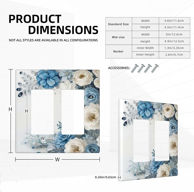 Decorative Outlet Covers Blue Rose White Flowers Rustic Floral 2 Gang Wall Plate Double Rocker Two Switch Wall Cover Plate Jumbo Dual Electrical GFCI Face Plate for Switch Decor