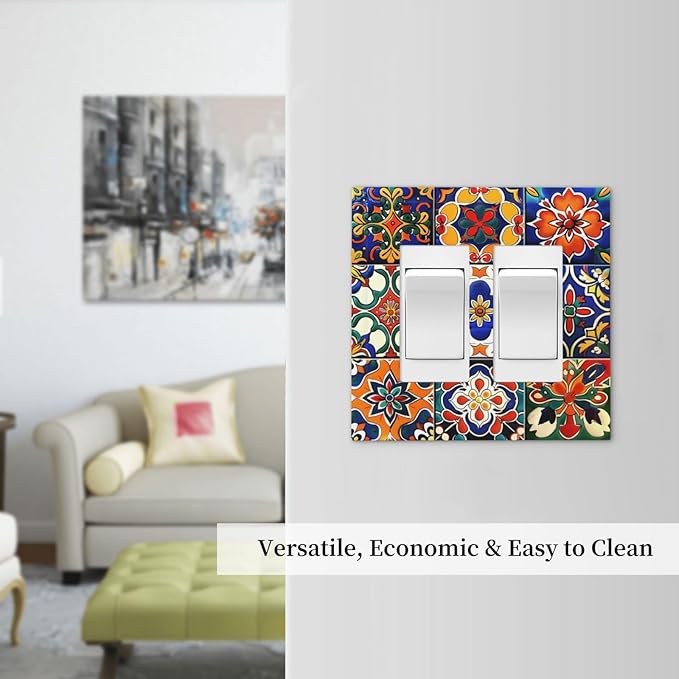 Decorative Outlet Covers Colorful Mexican Talavera Vintage Boho Floral 2 Gang Double Gfci Rocker Electrical Wall Panels Light Switch Cover Plate For Farmhouse Cabin Decor