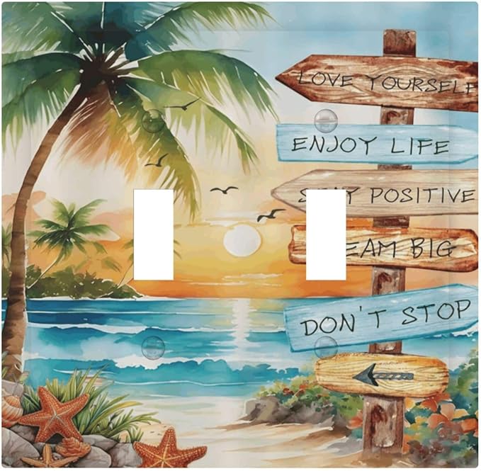 Tropical Beach Palm Tree Summer Coastal Ocean Sunset Decorative Switch Plates 2 Gang Double Toggle Outlet Light Switch Cover Wall Plate Electrical Faceplate for Bedroom Living Room Decor