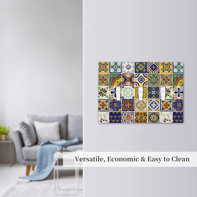 Yellow/Blue Kitchen Boho Floral Tiles Triple Toggle Device Switch Wall Plate 3-Gang Light Switch Cover Bohemian Mandala Talavera Mexican Tile Decorative Decorator Wallplate Switchplate Room Decorate