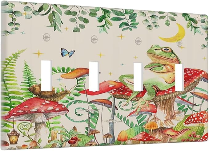 Light Switch Covers Boho Mushrooms Frogs Butterflies Flowers Moon Stars Quad Toggle 4 Gang Wall Plate Electrical Faceplate Decorative Switch Plates for Kids room Bedroom Decor