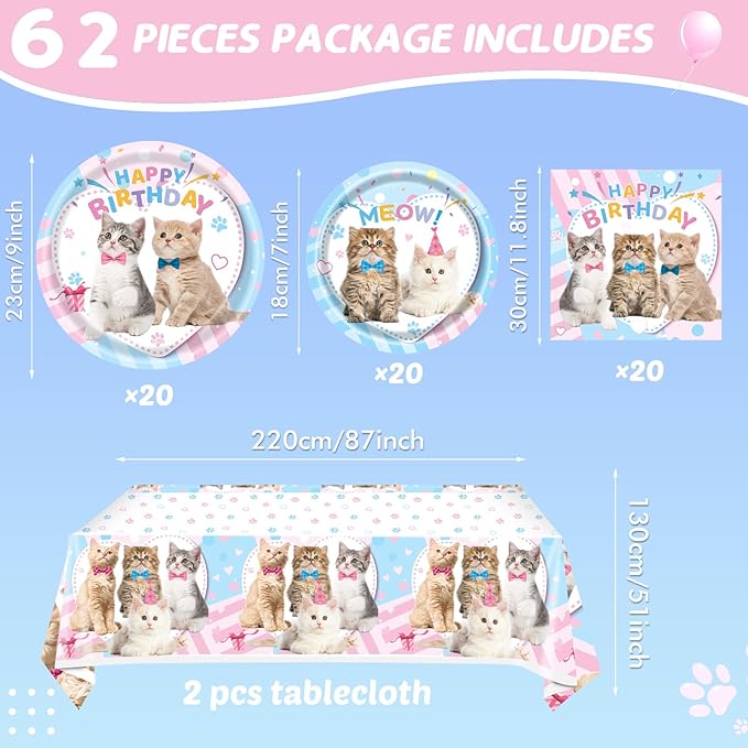 Ryzovo Cat Birthday Party Supplies,62pcs Cat Party Decorations&Tableware Set-Kitten Birthday Party Decorations Dinner Plates Dessert Plates Napkins Tablecloth etc Cat Themed Birthday Party Supplies