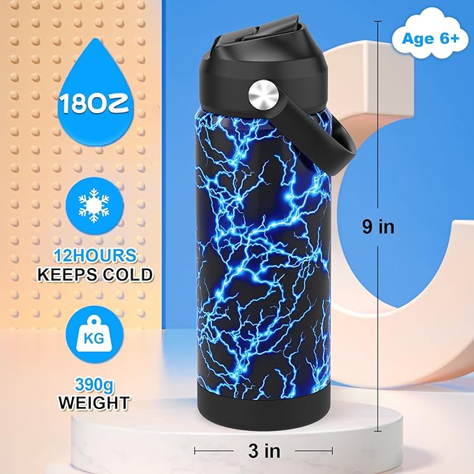 Boys Water Bottle with Straw,18 oz Kids Insulated Cups with Stainless Steel Leak Proof for School,Sport&Travel（2pack，Lightning+Monster Trucks）