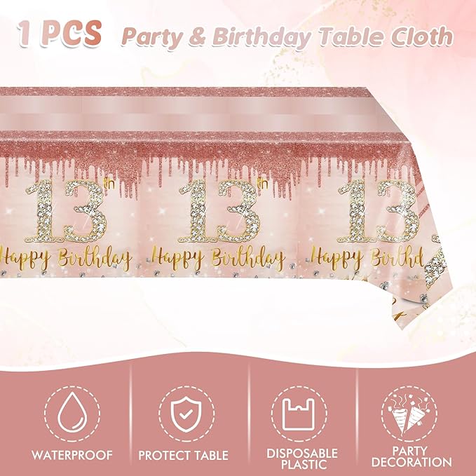 41Pcs 13th Birthday Party Decorations for Girls, Rose Gold Party Supplies Include 20 Plates 20 Napkins and 1 Pcs Tablecloth, Sweet Thirteen Year Old Birthday Party Tableware for Girls Kids Children
