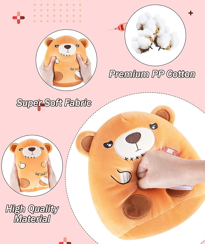 Get Well Soon Gift Bear - Teddy Bear Stuffed Animals with Band-Aid, Kids' Pillow Cushion, Gifts for Patient Girls Boys, Light Brown, 8 Inch