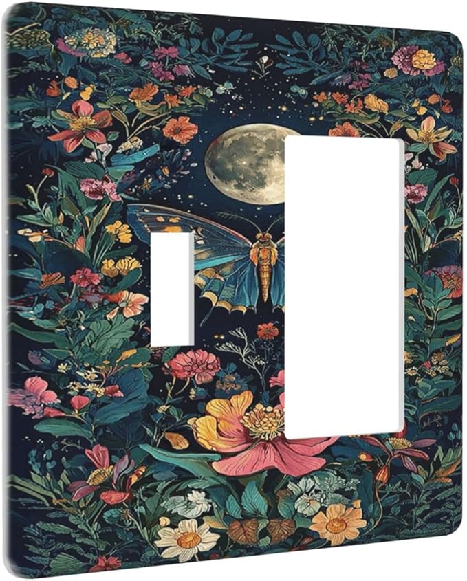 Outlet Covers Bohemian Moon Butterfly Floral 1 Toggle 1 Rocker Combo Light Switch Cover Plate Decorative Switch Plate Covers Electrical Wall Plate for Bedroom Cabin Decor