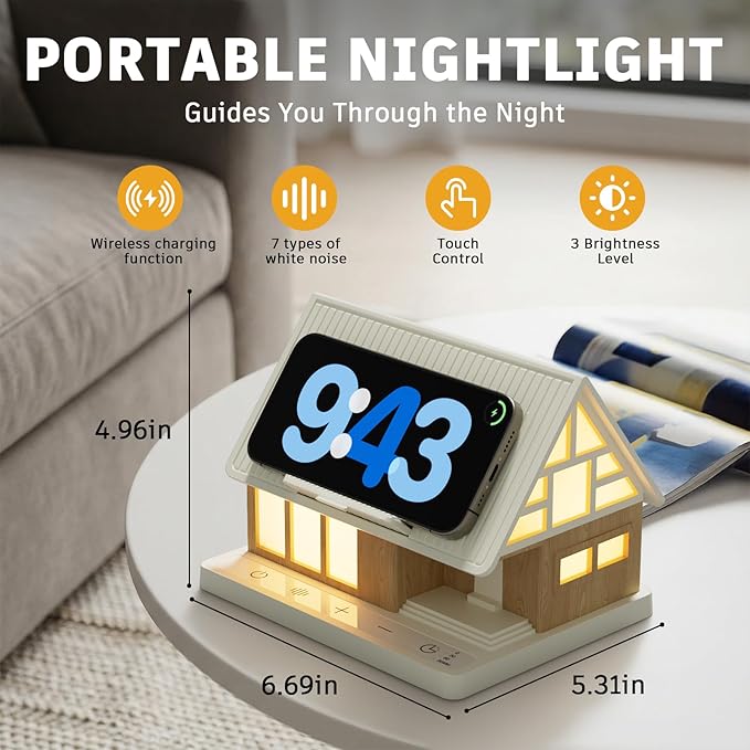Bedside Lamp with Wireless Charging Station, White Noise Sound Machine 7 Sleep Aid with 30/60/90min Timer, 3-Level Brightness Touch Lamp Night Light for Nightstand, Bedroom, Gift for Kids, Mom
