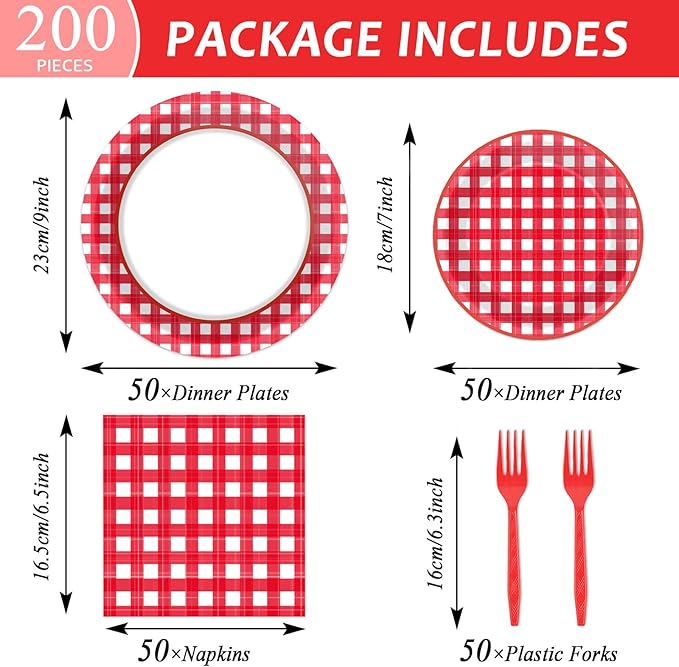 Naozinebi 200pcs Red and White Plates Napkins Checkered Plaid Paper Tableware Set Cake Dessert Disposable Dinnerware Spring Picnic Party Decoration for Baby Shower Birthday Decor Supplies Serves 50