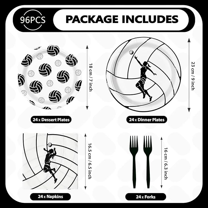 Grencian 96Pcs Volleyball Party Decorations Volleyball Paper Plates and Napkins Sports Theme Disposable Tableware for Girls Birthday Party Supplies Serves 24