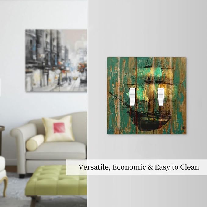 Decorative Switch Plates Rustic Green Wood Grain Sailboat 2 Gang Double Toggle Wall Plate Outlet Light Switch Cover Electrical Faceplate for Farmhouse Bedroom Decor