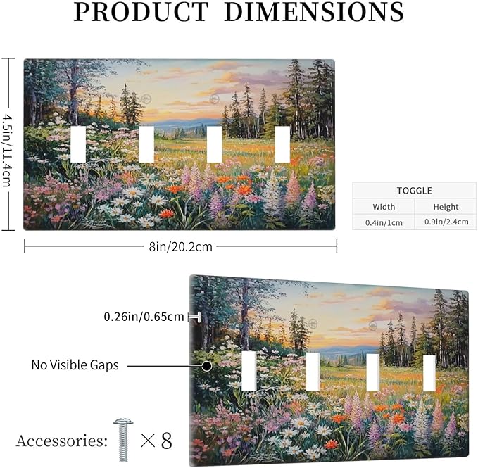Light Switch Covers Floral Landscape Rustic Nature Wildflower Quad Toggle Electrical Faceplate 4 Gang Wall Plate Decorative Switch Plates For Bed Room Living Room Decor