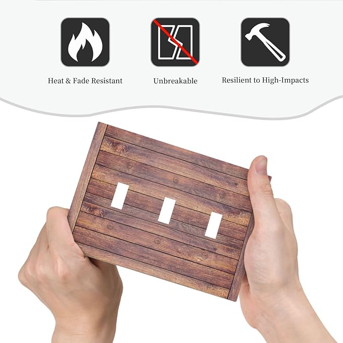Decorative Switch Plate Cover with Wood Texture Rustic Vertical Planks Brown Design 3 Gang Artistic Wall Plate Unique Triple Toggle Light Switch Covers for Vintage Aesthetic Kitchen/Bedroom