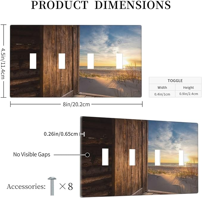 Sun Beach Grass Ocean Landscape Quad Toggle Wall Plate Covers Decorative 4-Gang Wall Plates Farmhouse Western Brown Barn Door Electrical Switchplate for Bathroom Bedroom Kitchen Decor 4.5 X 8 In