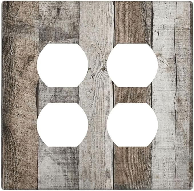 Natural Grey Wood Vintage Faux Wood Grain Outlet Covers 2 Gang Double Duplex Decorative Light Switch Covers Electrical Wallplates Socket Faceplate for Farmhouse Home Decor