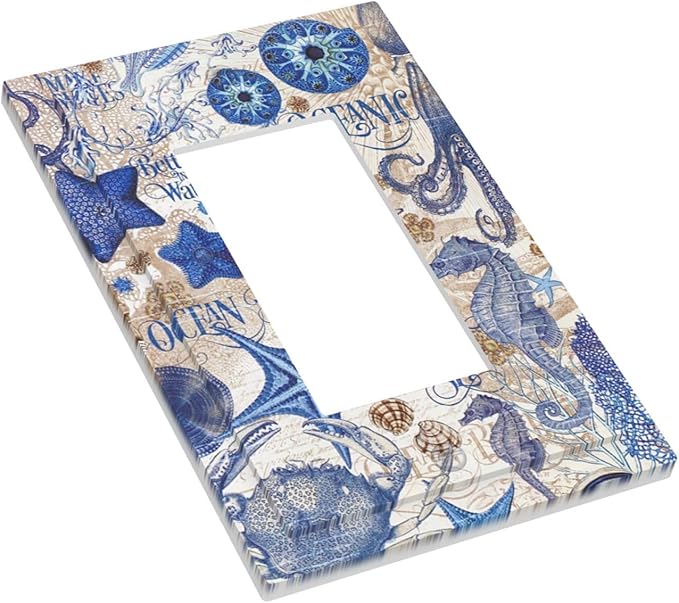 Decorative Outlet Covers Vintage Sea Blue Seahorse Starfish Octopus 1 Gang Single Rocker Light Switch Cover Plate Wall Plates Gfci Faceplate For Kids Room Home Decor