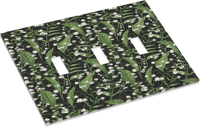 Boho Floral Green Leaves White Flowers Decorative Switch Plates 3 Gang Wall Plate Triple Toggle Light Switch Cover Faceplate Electrical Wall Panels for Farmhouse Bed Room Decor