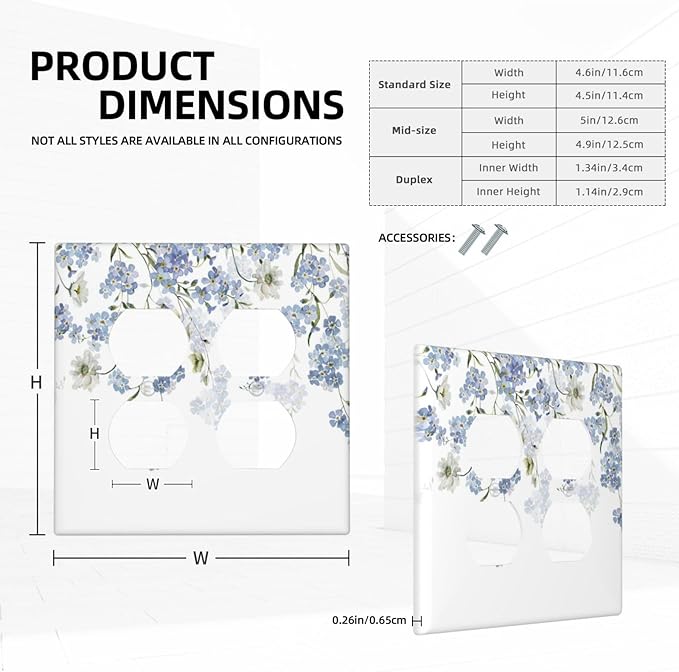 Hydrangea Blue Flowers Watercolor Floral Outlet Covers 2 Gang Double Duplex Decorative Light Switch Covers Electrical Wallplates Socket Faceplate for Bed Room Living Room Decor