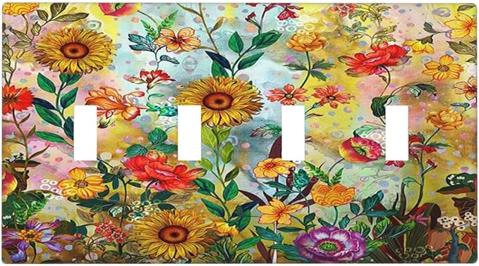 Fall Colorful Sunflower Floral 4 Gang Wall Plate Quad Toggle Light Switch Cover Decorative Outlet Covers Electrical Light Switches Faceplate for Bedroom Bathroom Kitchen Decor
