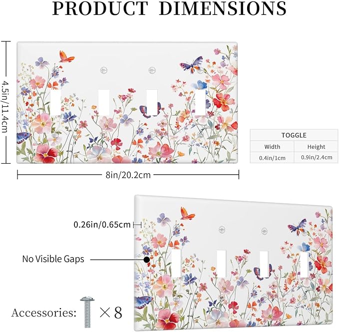 Colorful Flower Watercolor Floral Butterfly Bird Light Switch Covers Quad Toggle Electrical Faceplate 4 Gang Wall Plate Decorative Switch Plates Cover for Bedroom Living Room Decor