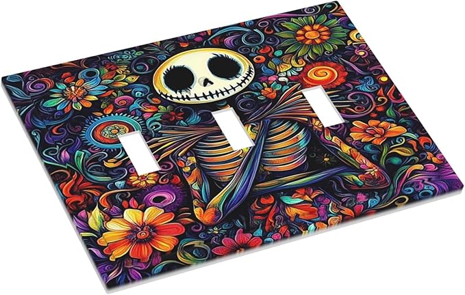 Decorative Switch Plates Colorful Flowers Abstract Skull 3 Gang Wall Plate Triple Toggle Light Switch Cover Faceplate Electrical Wall Panels For Home Living Room Decor