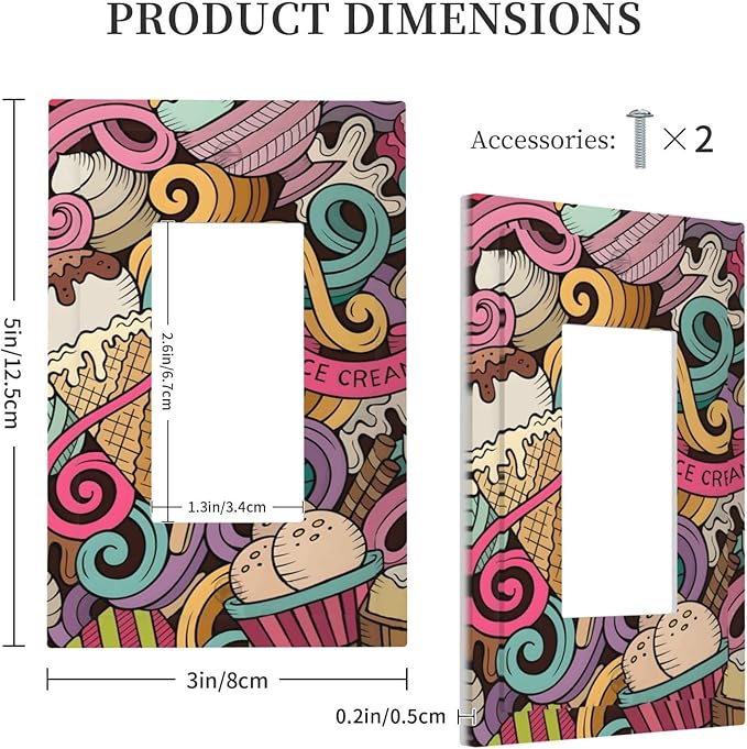 Cartoon Hand Drawn Ice Cream Doodles Colorful Print Decorative Outlet Covers 1 Gang Single Rocker Light Switch Cover Plate Wall Plates GFCI Faceplate for Kids Room Nursery Decor