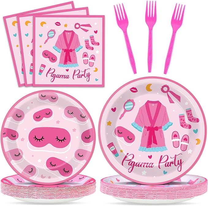 100 Pcs Pajama Party Paper Plates and Napkins Set Sleepover Party Decorations Supplies Girls Sleepover Tableware Favors for Spa Slumber Birthday Hot Pink Pajama Party Decorations Serves 25