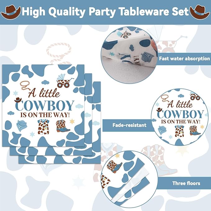 OBUSATT 96 Pcs Western Cowboy Baby Shower Paper Plates and Napkins Party Supplies Western Birthday Tableware Set A Little Cowboy is on the Way Party Decorations Favors for Boys Baby Shower Serves 24