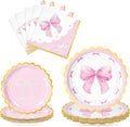 WERNNSAI Pink Bow Birthday Decorations - 48PCS Bow Plates and Napkins Coquette Birthday Decorations Pink Paper Plates and Napkins for Kids Girls Bachelorette Wedding Supplies Serves 16 Guests