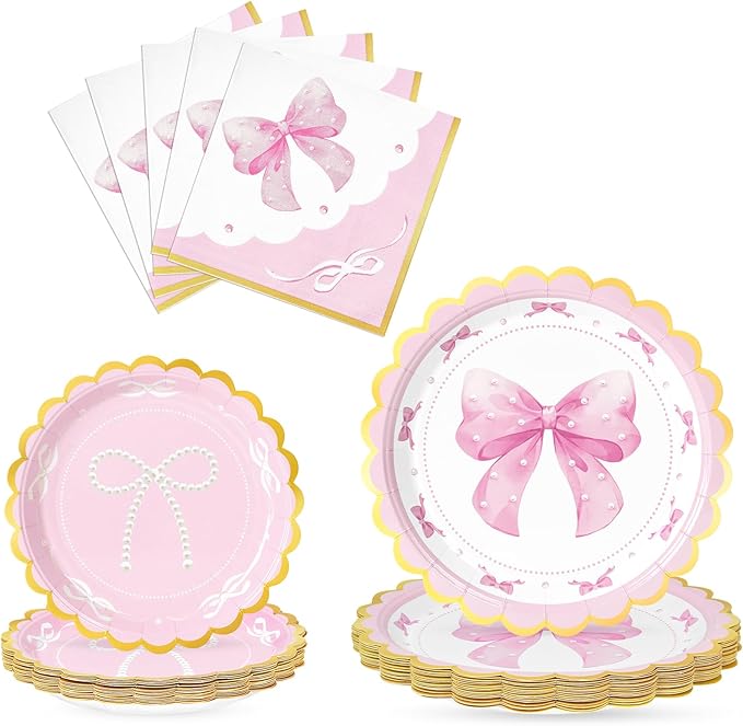 WERNNSAI Pink Bow Birthday Decorations - 48PCS Bow Plates and Napkins Coquette Birthday Decorations Pink Paper Plates and Napkins for Kids Girls Bachelorette Wedding Supplies Serves 16 Guests