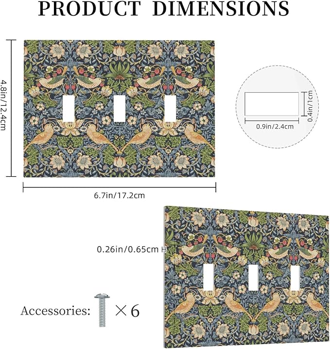 Decorative Switch Plates Morris Strawberry Thrush Birds Colorful Plants 3 Gang Wall Plate Triple Toggle Light Switch Cover Faceplate Electrical Wall Panels For Bed Room Living Room Decor