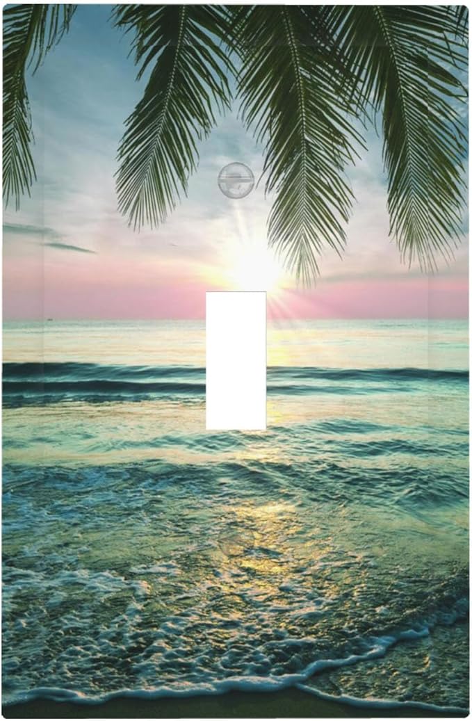 Tropical Beach Sunset 1-Gang Toggle Light Switch Plate, Palm Fringe Ocean View Decorative Wall Plate for Pool Beach House Decor