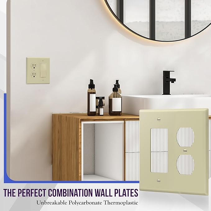 ENERLITES Combination Duplex Receptacle Outlet/Decorator Rocker Light Switch Wall Plate Cover, Midway Size 2-Gang 4.88" x 4.92", Polycarbonate Thermoplastic, UL Listed, 882131M-I, Ivory
