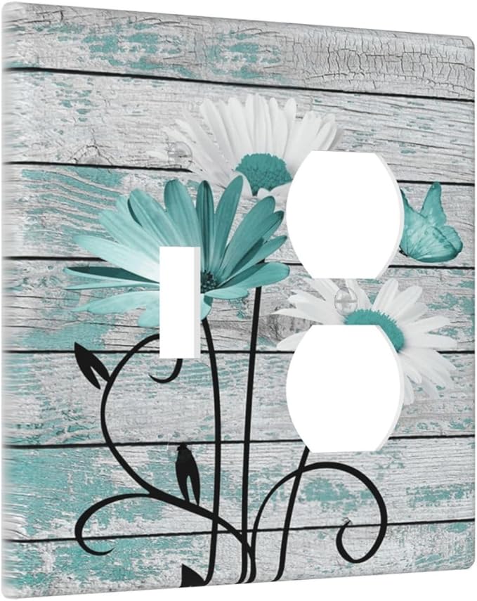 Teal White Daisy Flower Butterfly On Rustic Wood Board Wallplates 1 Toggle 1 Duplex Switch Plate Electrical GFCI Faceplate Decorative Light Switch Covers for Farmhouse Bedroom Decor