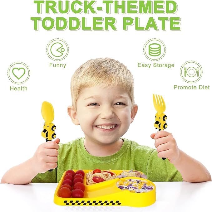 Deinyi Construction Toddler Plates - Construction Utensils for Toddlers - Easter and Birthday Gift Toddler Utensils for 1 2 3 4 5 6 7 year - Yellow