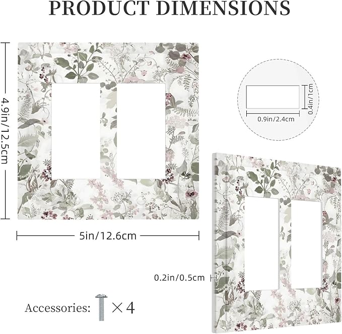 Boho Floral Leaf Vintage Watercolor Flower Decorative Outlet Covers 2 Gang Double GFCI Rocker Electrical Wall Panels Light Switch Cover Plate for Farmhouse Bedroom Decor