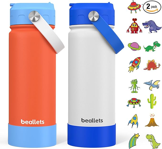 2-Pack Kids Water Bottle, 18oz Toddler Insulated Bottles with Stickers, 18/8 Stainless Steel Leak-Proof Kids Straw Cup for School, Gifts for Boy(BlueOrange + BlueWhite)