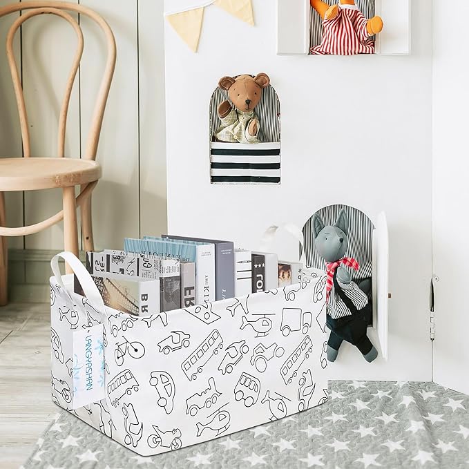 LANGYASHAN Rectangular Storage Bin Collapse Canvas Fabric Cartoon Storage Basket with Handles for Organizing Home Kitchen Boys and Girls Toys Office Closet Shelf Baskets (Rec Vehicle)