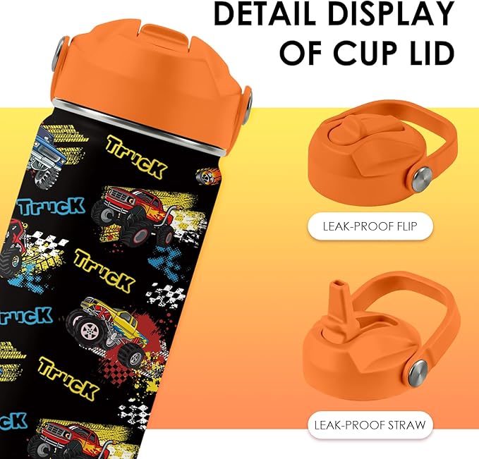 Truck Gifts for Kids, 16oz Monster Truck Water Bottle with Straw Lid, BPA-Free, Leak Proof Stainless Steel Insulated Bottle for Boys, Girls, School - Trucks Lovers Children Birthday Gifts Cup (1pc)