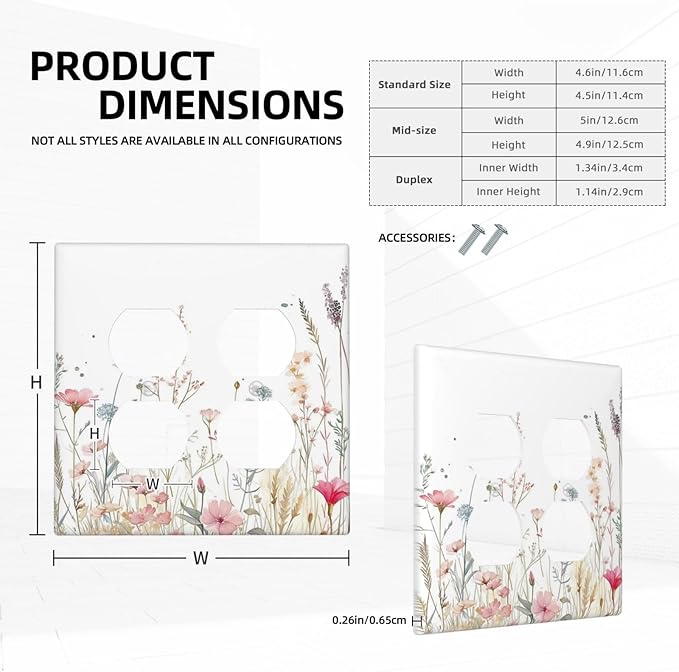 Watercolor Wildflower Pink Flower Plant Floral Outlet Covers 2 Gang Double Duplex Decorative Light Switch Covers Electrical Wallplates Socket Faceplate for Bedroom Living Room Decor